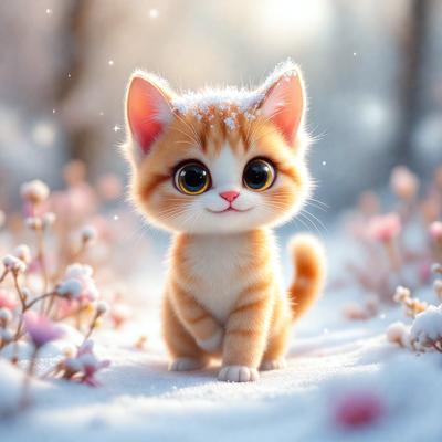 The primary subject of the image is a small, cute, and fluffy orange kitten. The kitten is standing in the snow, surrounded by a field of flowers. The setting appears to be a wintery landscape, with the kitten being the main focus of the scene. The visual style of the image is a combination of photo and digital art, creating a whimsical and adorable scene. The colors in the image are predominantly white and orange, with the white snow and orange kitten creating a warm and
